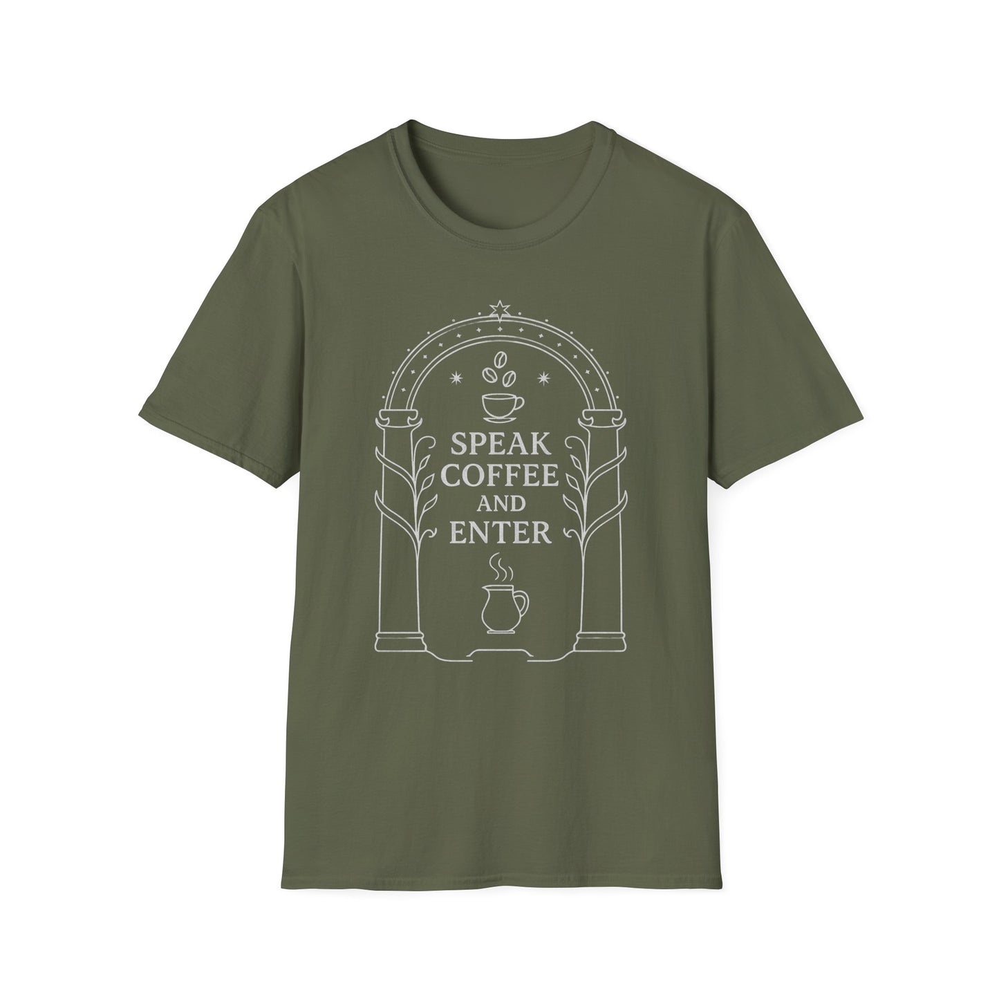 Moria Inspired T-Shirt Speak Coffee and Enter